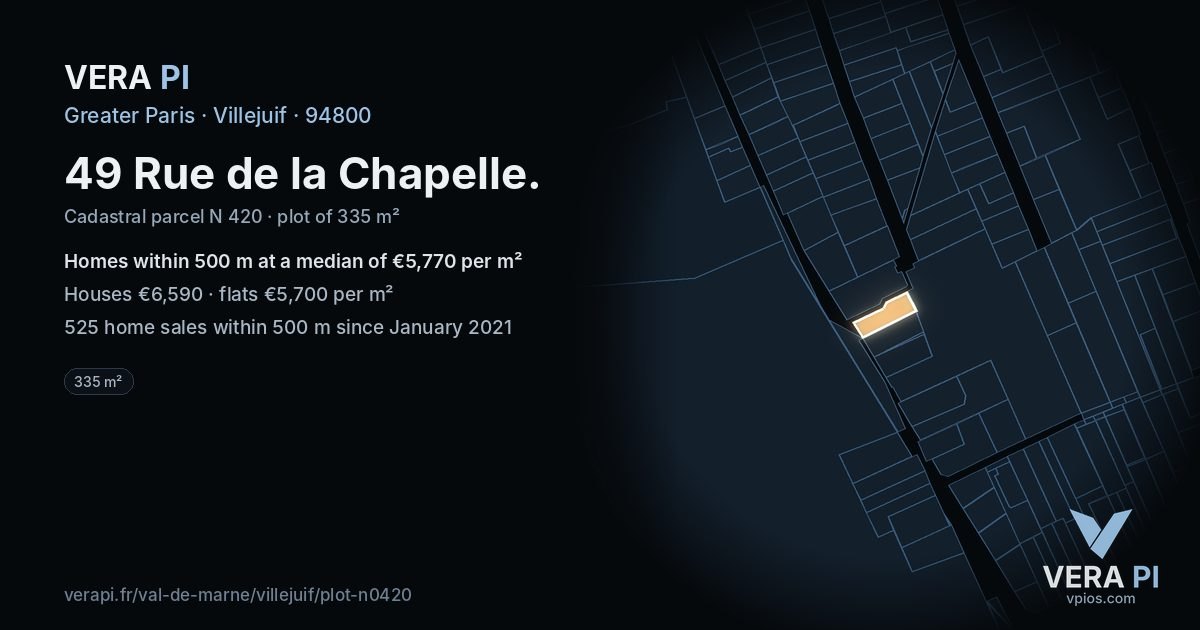49 Rue de la Chapelle, Villejuif at night – the plot lit, the parcels around coloured by the prices near them