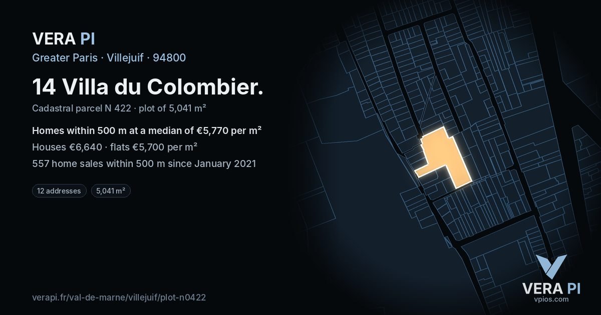 14 Villa du Colombier, Villejuif at night – the plot lit, the parcels around coloured by the prices near them