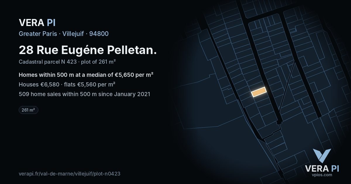 28 Rue Eugéne Pelletan, Villejuif at night – the plot lit, the parcels around coloured by the prices near them