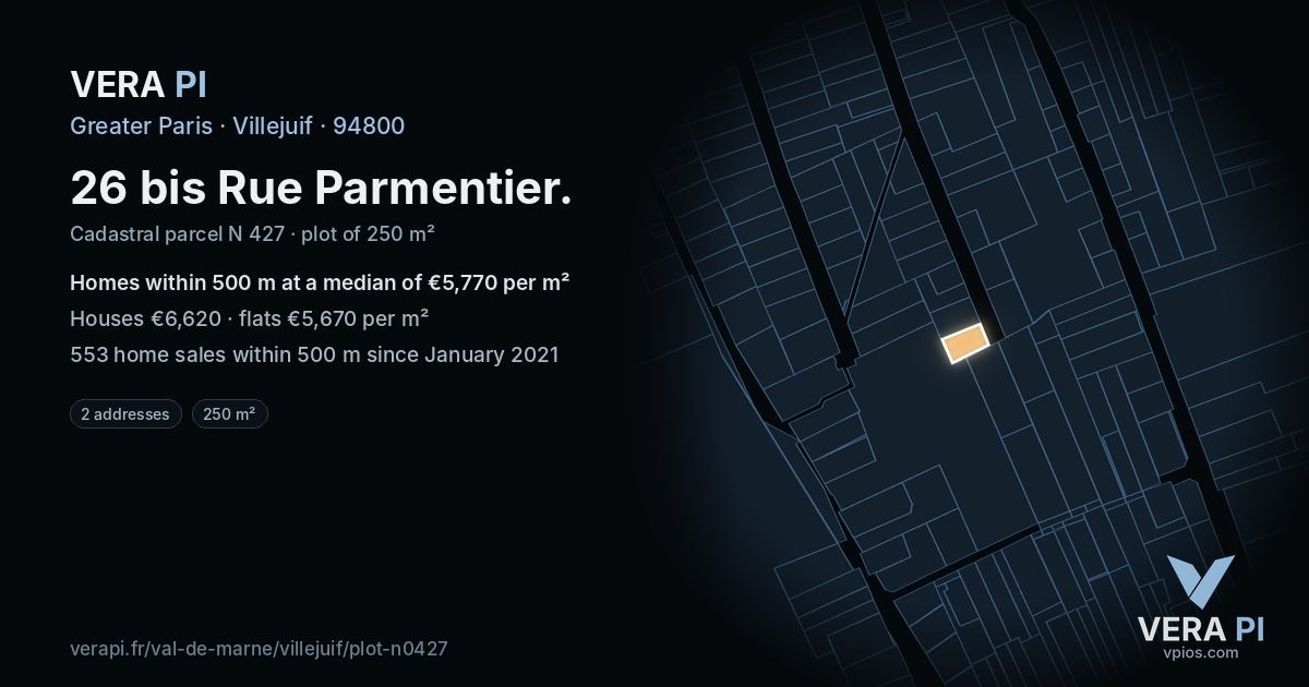 26 bis Rue Parmentier, Villejuif at night – the plot lit, the parcels around coloured by the prices near them