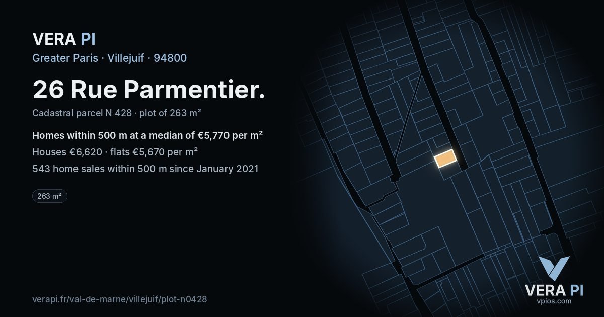 26 Rue Parmentier, Villejuif at night – the plot lit, the parcels around coloured by the prices near them