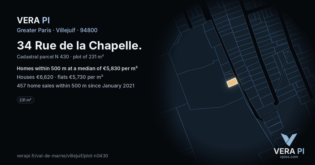 34 Rue de la Chapelle, Villejuif at night – the plot lit, the parcels around coloured by the prices near them
