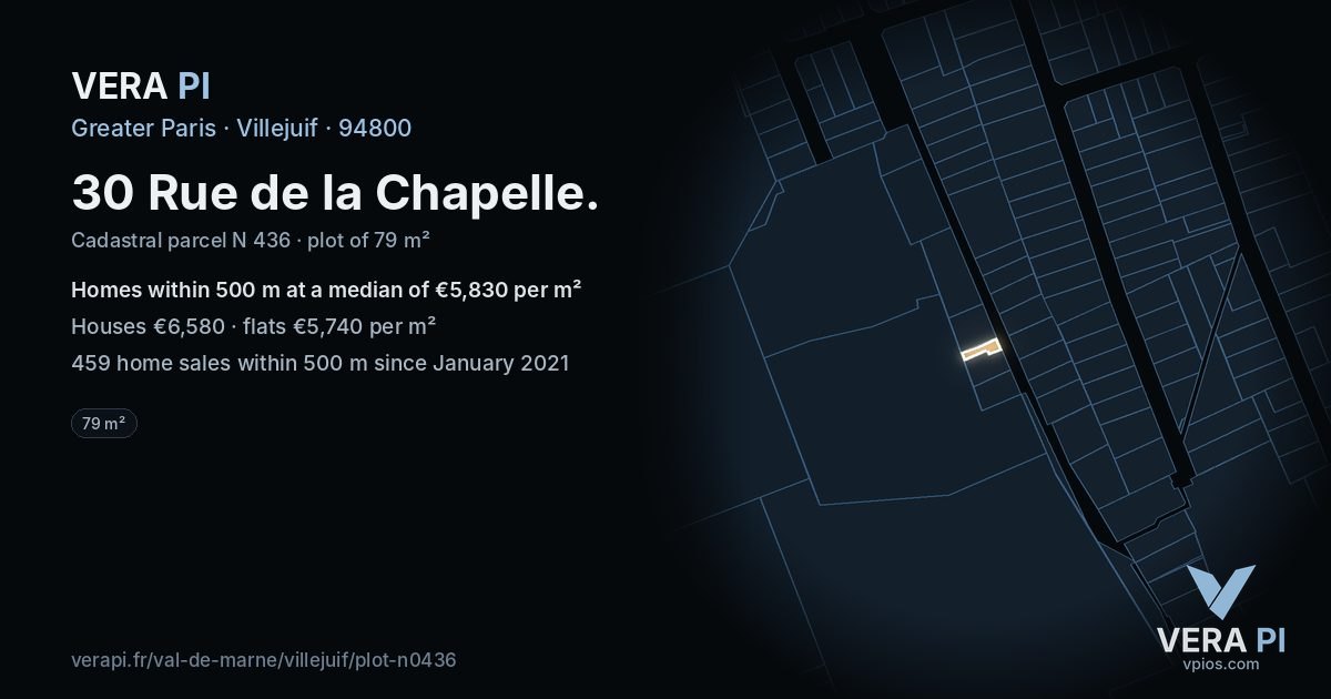 30 Rue de la Chapelle, Villejuif at night – the plot lit, the parcels around coloured by the prices near them