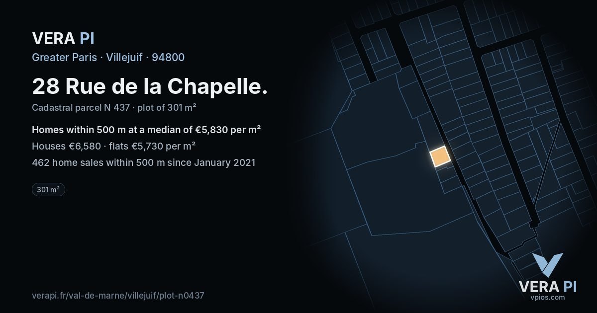 28 Rue de la Chapelle, Villejuif at night – the plot lit, the parcels around coloured by the prices near them