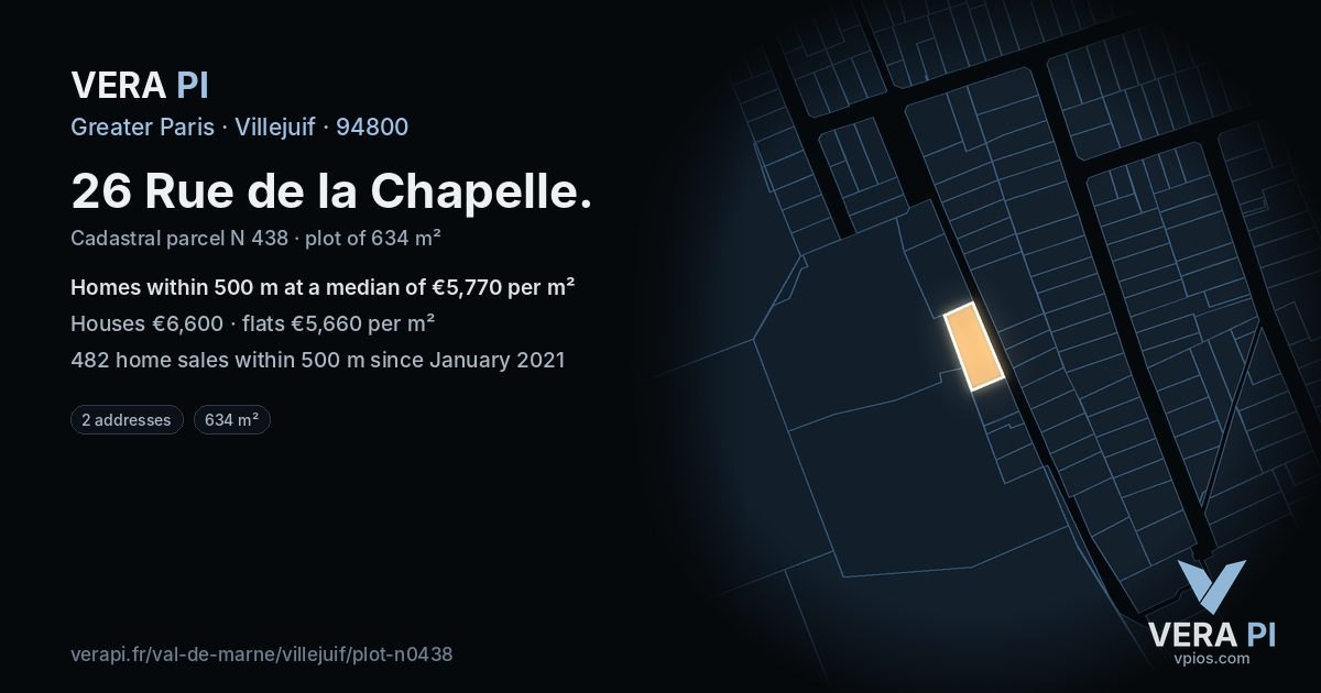 26 Rue de la Chapelle, Villejuif at night – the plot lit, the parcels around coloured by the prices near them