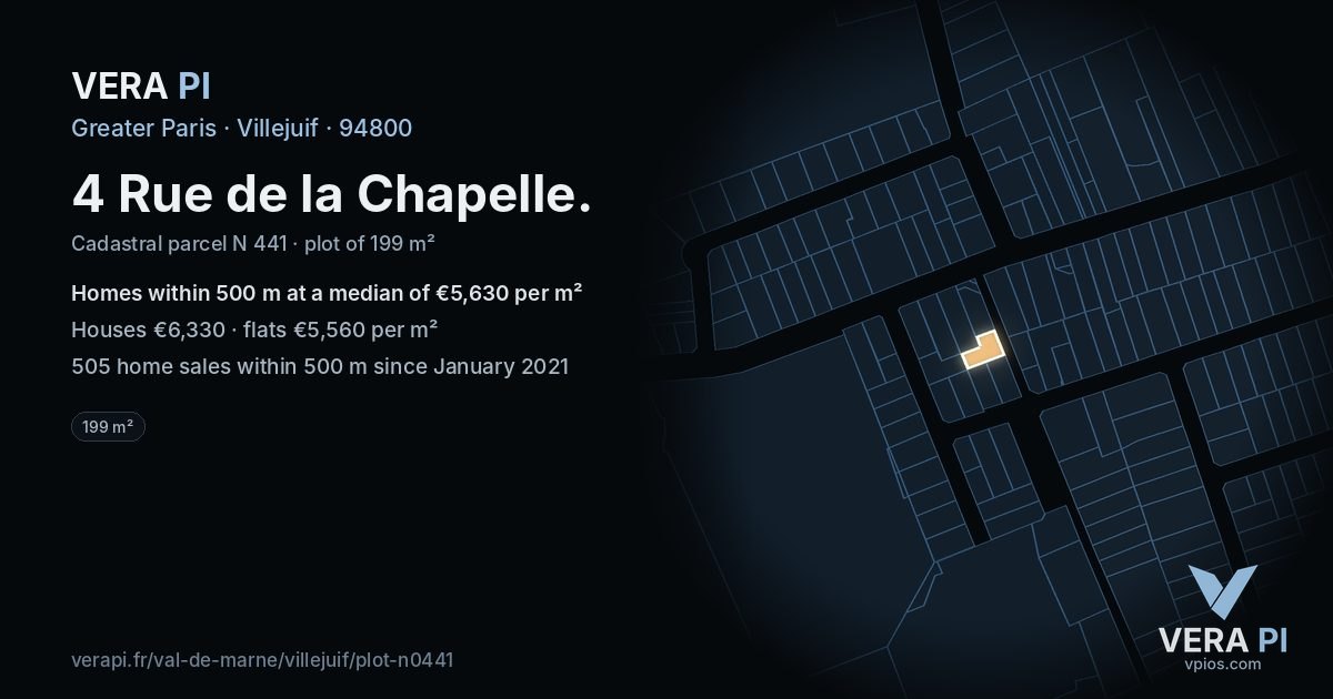 4 Rue de la Chapelle, Villejuif at night – the plot lit, the parcels around coloured by the prices near them