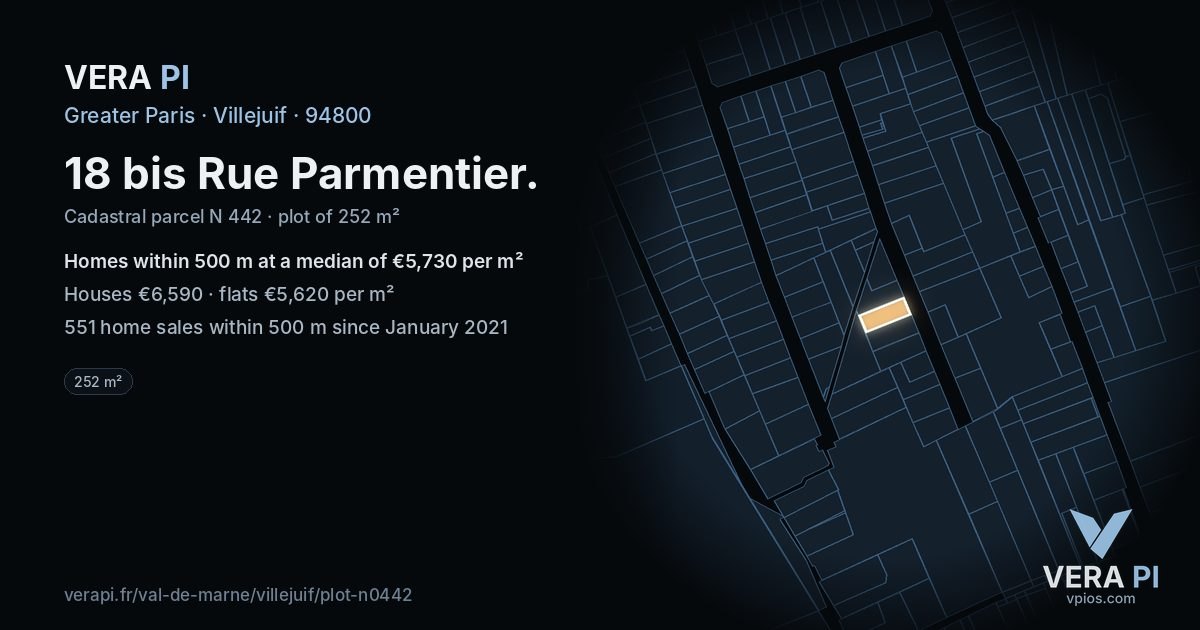 18 bis Rue Parmentier, Villejuif at night – the plot lit, the parcels around coloured by the prices near them
