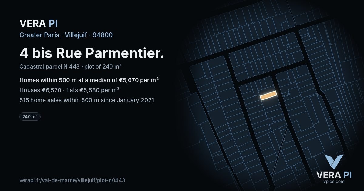 4 bis Rue Parmentier, Villejuif at night – the plot lit, the parcels around coloured by the prices near them