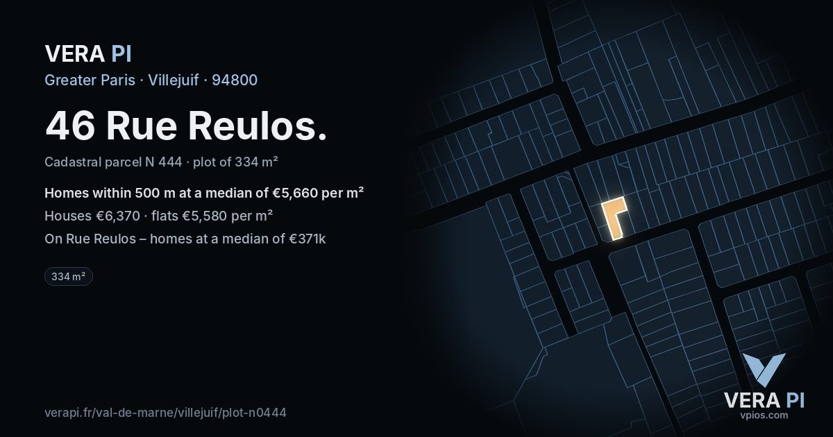 46 Rue Reulos, Villejuif at night – the plot lit, the parcels around coloured by the prices near them