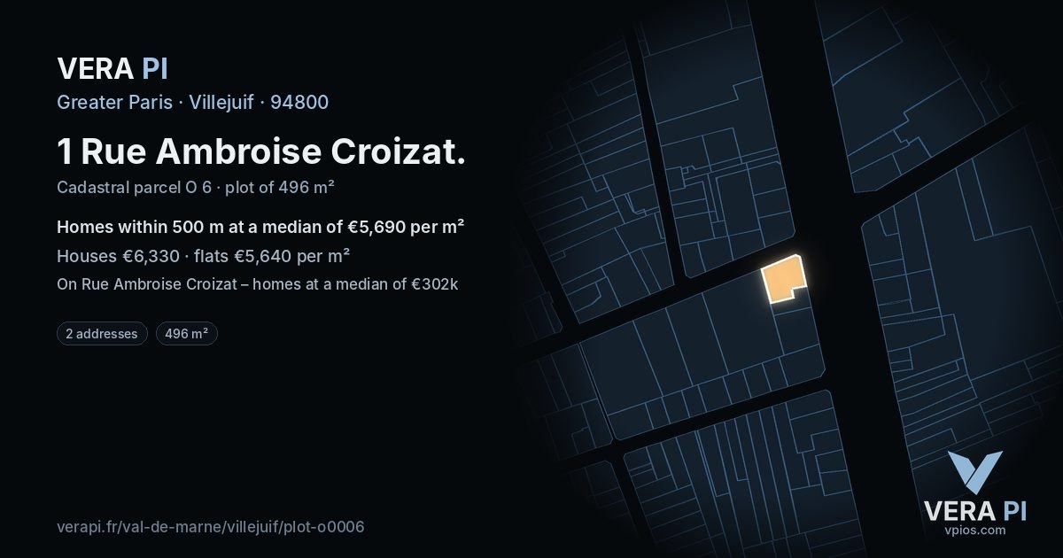 1 Rue Ambroise Croizat, Villejuif at night – the plot lit, the parcels around coloured by the prices near them