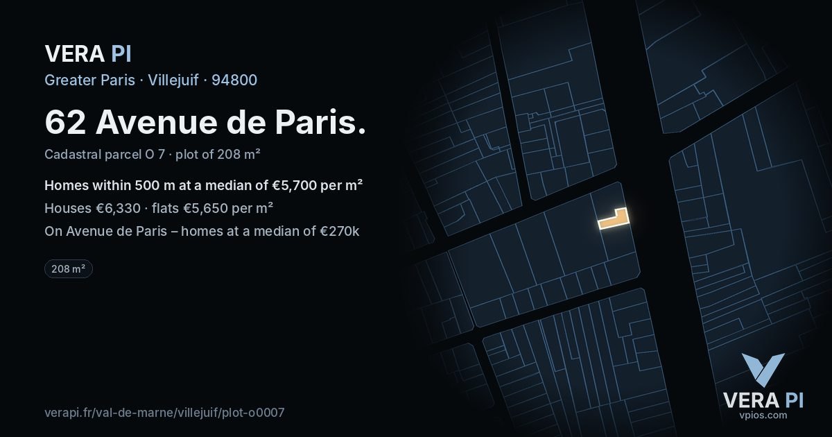 62 Avenue de Paris, Villejuif at night – the plot lit, the parcels around coloured by the prices near them