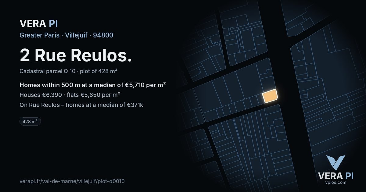2 Rue Reulos, Villejuif at night – the plot lit, the parcels around coloured by the prices near them
