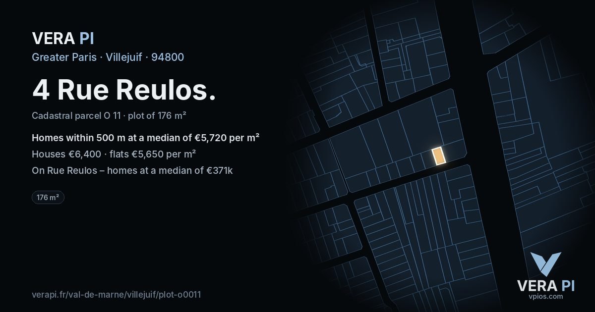 4 Rue Reulos, Villejuif at night – the plot lit, the parcels around coloured by the prices near them
