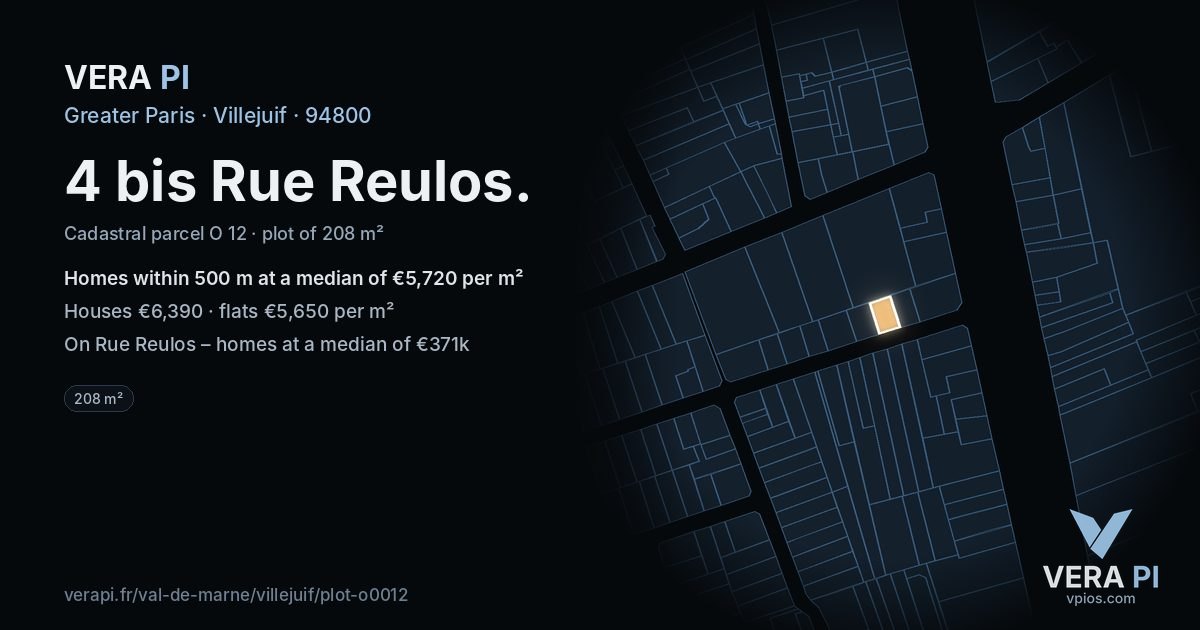 4 bis Rue Reulos, Villejuif at night – the plot lit, the parcels around coloured by the prices near them