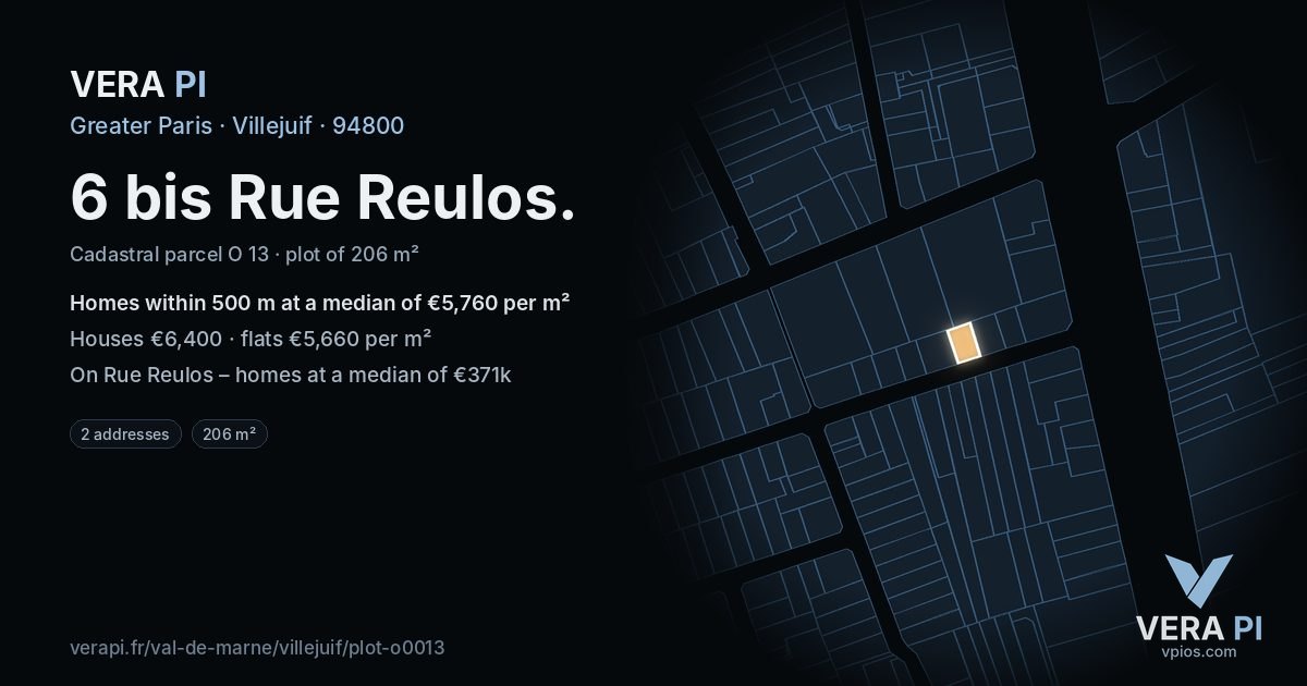6 bis Rue Reulos, Villejuif at night – the plot lit, the parcels around coloured by the prices near them