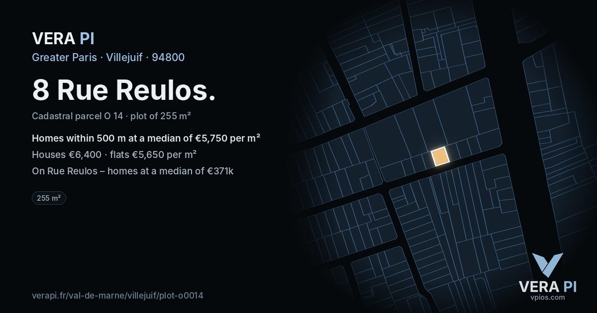 8 Rue Reulos, Villejuif at night – the plot lit, the parcels around coloured by the prices near them