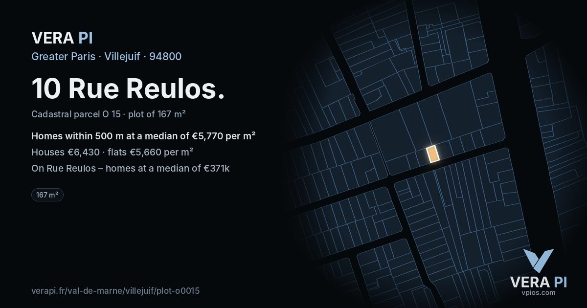 10 Rue Reulos, Villejuif at night – the plot lit, the parcels around coloured by the prices near them