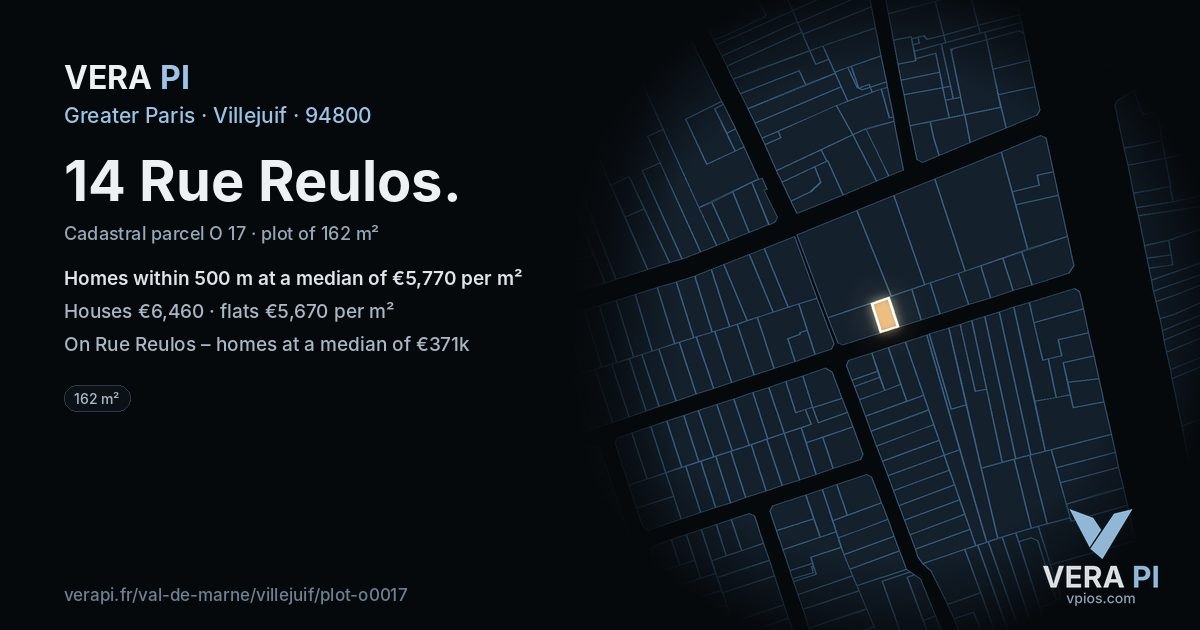 14 Rue Reulos, Villejuif at night – the plot lit, the parcels around coloured by the prices near them