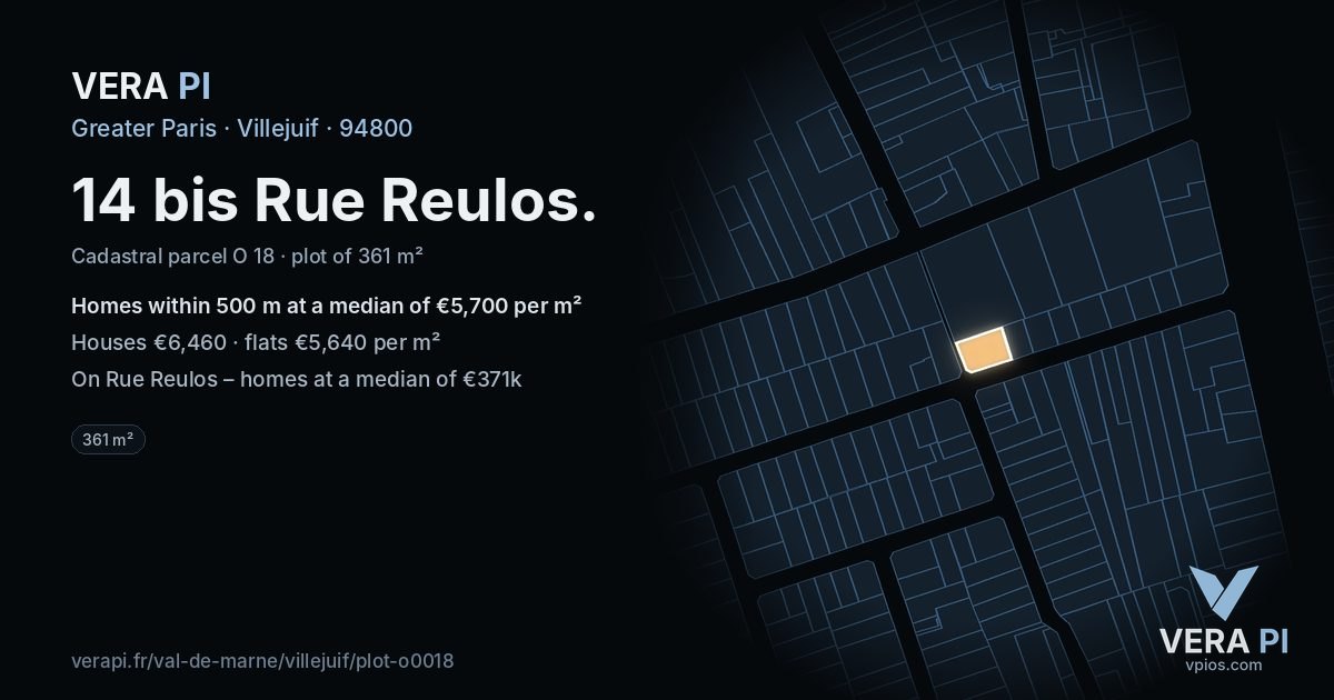14 bis Rue Reulos, Villejuif at night – the plot lit, the parcels around coloured by the prices near them