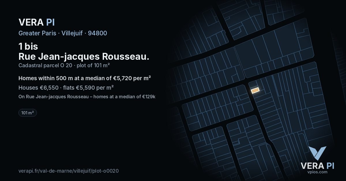 1 bis Rue Jean-jacques Rousseau, Villejuif at night – the plot lit, the parcels around coloured by the prices near them