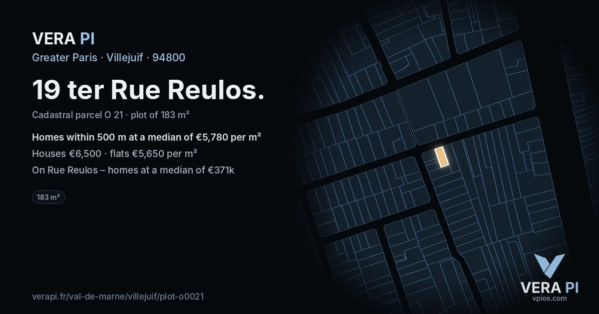 19 ter Rue Reulos, Villejuif at night – the plot lit, the parcels around coloured by the prices near them