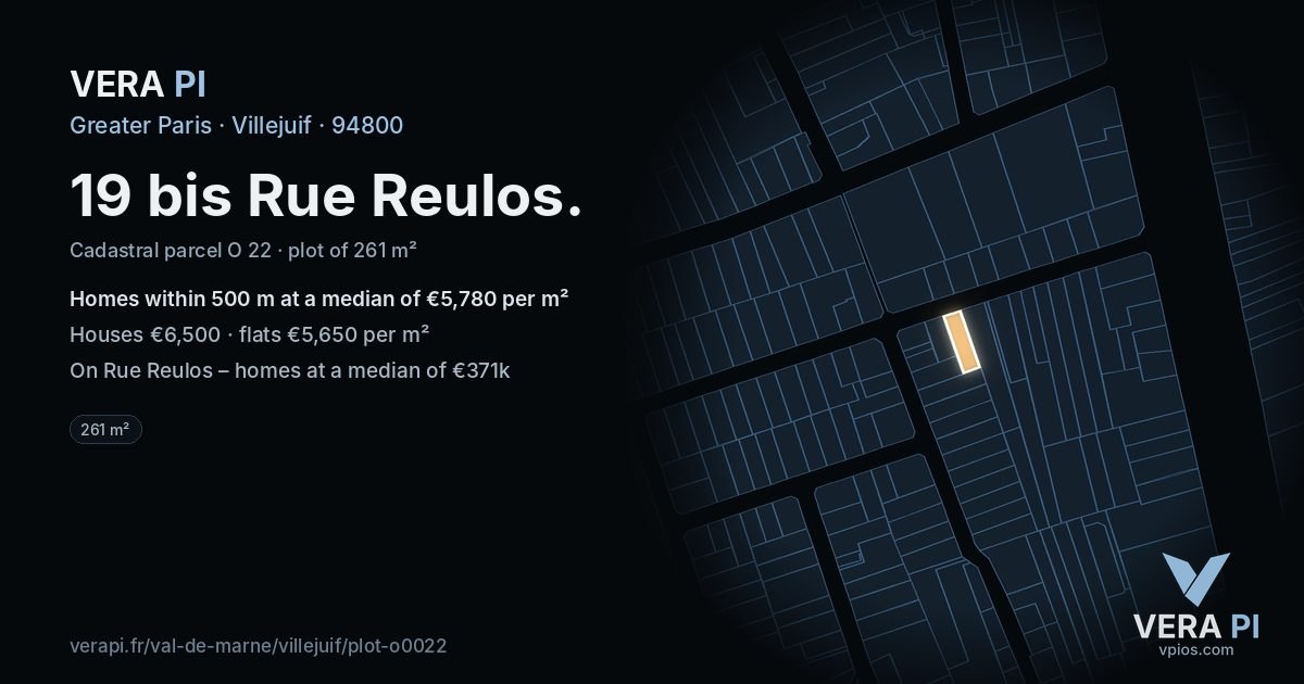 19 bis Rue Reulos, Villejuif at night – the plot lit, the parcels around coloured by the prices near them
