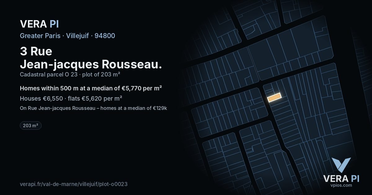 3 Rue Jean-jacques Rousseau, Villejuif at night – the plot lit, the parcels around coloured by the prices near them