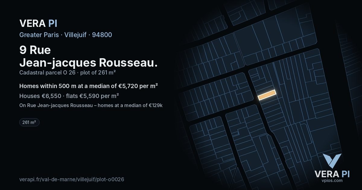 9 Rue Jean-jacques Rousseau, Villejuif at night – the plot lit, the parcels around coloured by the prices near them