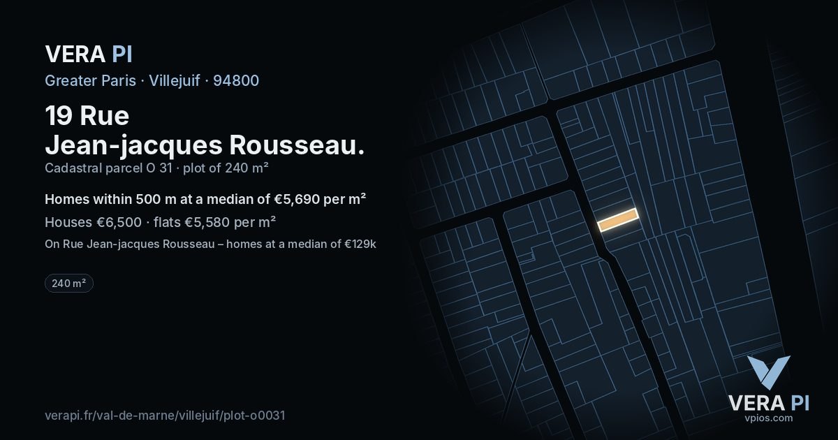 19 Rue Jean-jacques Rousseau, Villejuif at night – the plot lit, the parcels around coloured by the prices near them