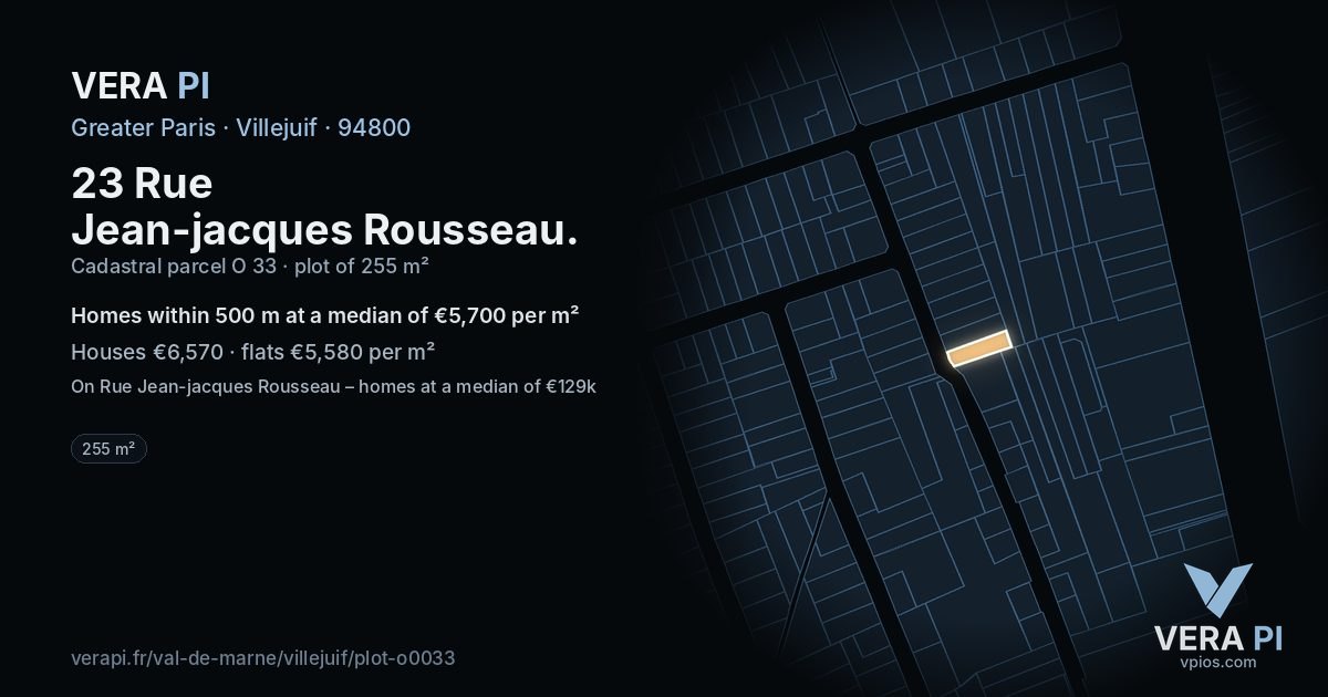 23 Rue Jean-jacques Rousseau, Villejuif at night – the plot lit, the parcels around coloured by the prices near them