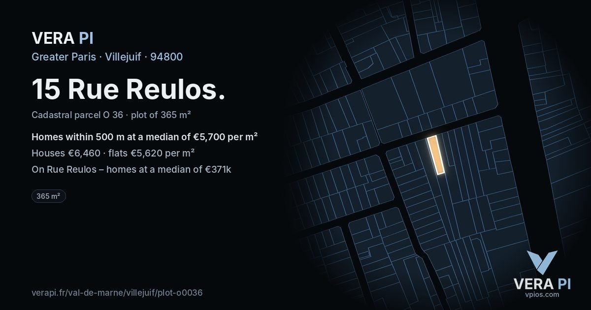 15 Rue Reulos, Villejuif at night – the plot lit, the parcels around coloured by the prices near them