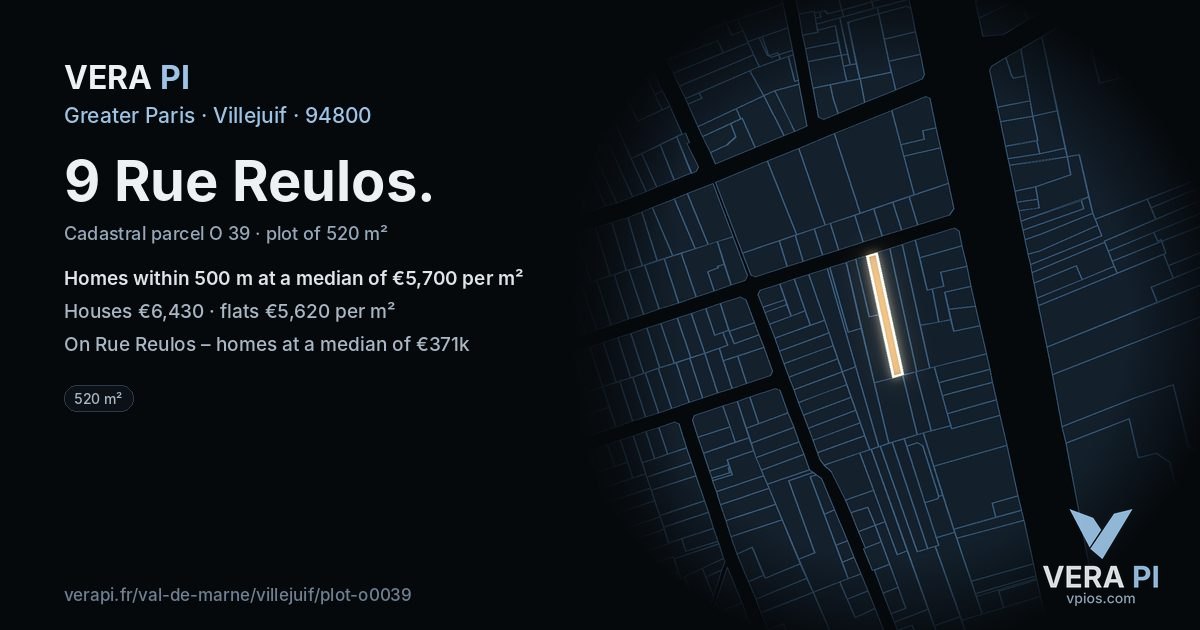 9 Rue Reulos, Villejuif at night – the plot lit, the parcels around coloured by the prices near them