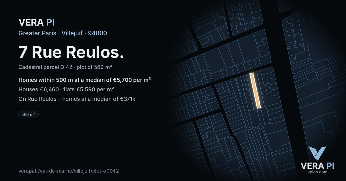 7 Rue Reulos, Villejuif at night – the plot lit, the parcels around coloured by the prices near them