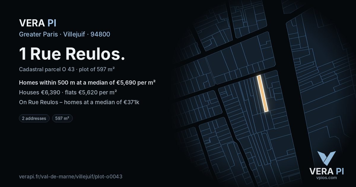 1 Rue Reulos, Villejuif at night – the plot lit, the parcels around coloured by the prices near them