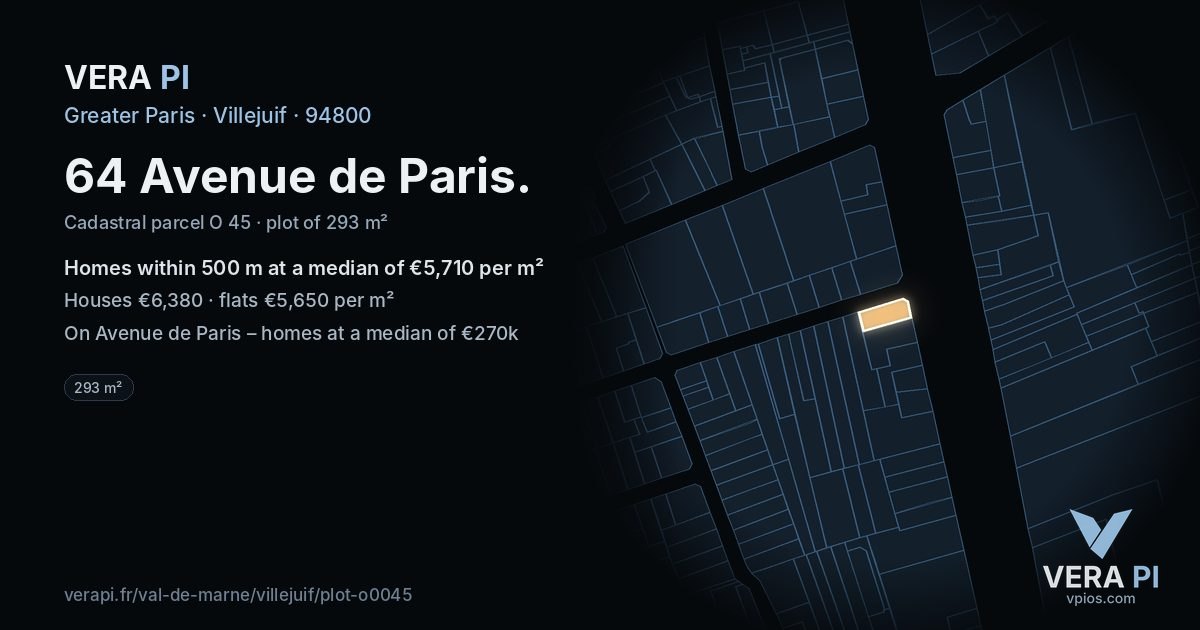 64 Avenue de Paris, Villejuif at night – the plot lit, the parcels around coloured by the prices near them