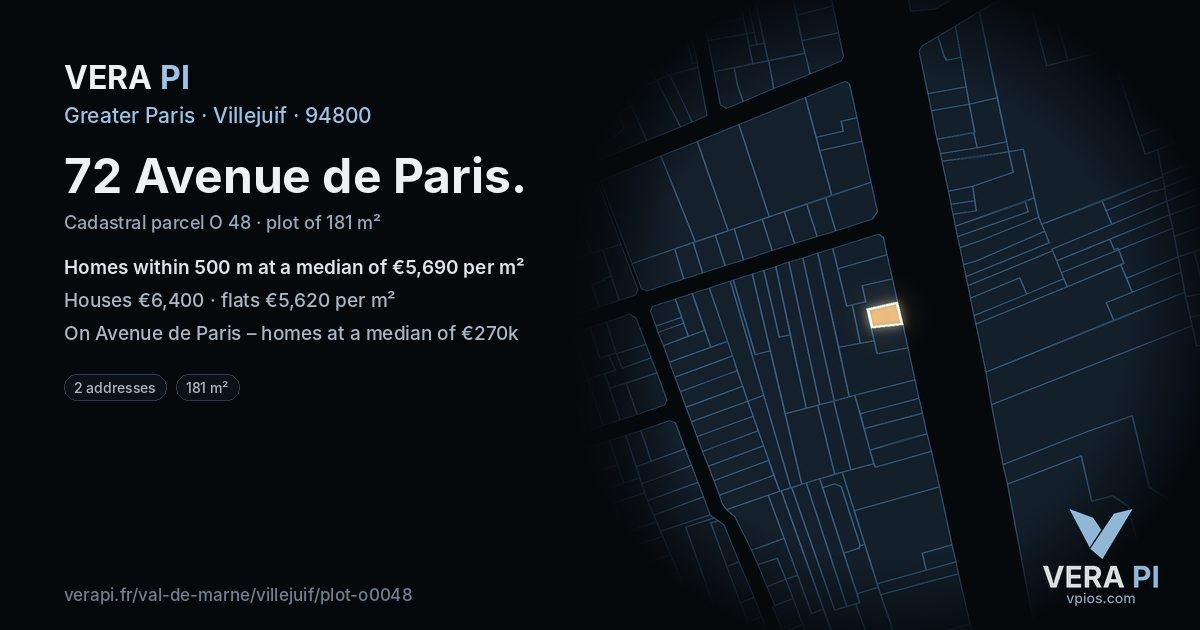 72 Avenue de Paris, Villejuif at night – the plot lit, the parcels around coloured by the prices near them