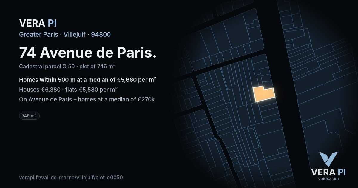 74 Avenue de Paris, Villejuif at night – the plot lit, the parcels around coloured by the prices near them