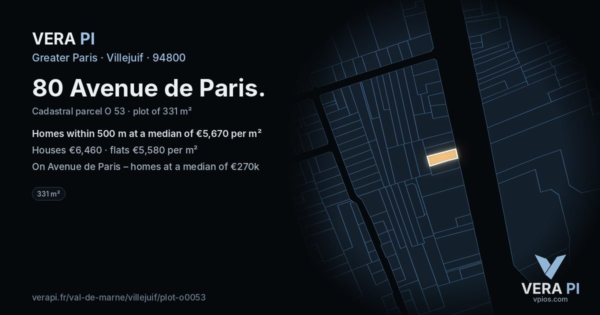 80 Avenue de Paris, Villejuif at night – the plot lit, the parcels around coloured by the prices near them
