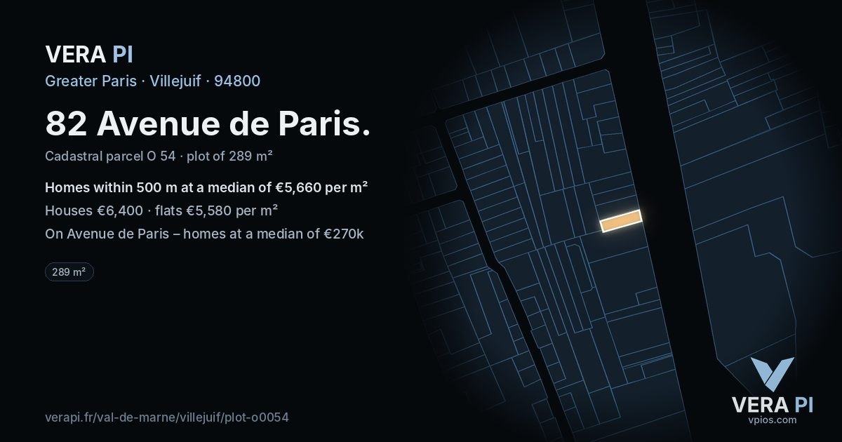 82 Avenue de Paris, Villejuif at night – the plot lit, the parcels around coloured by the prices near them