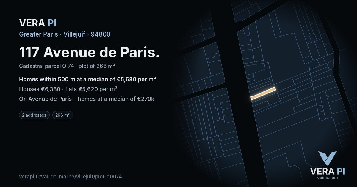 117 Avenue de Paris, Villejuif at night – the plot lit, the parcels around coloured by the prices near them