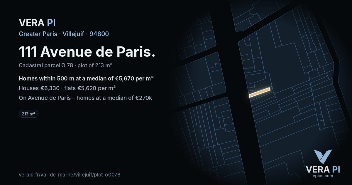 111 Avenue de Paris, Villejuif at night – the plot lit, the parcels around coloured by the prices near them
