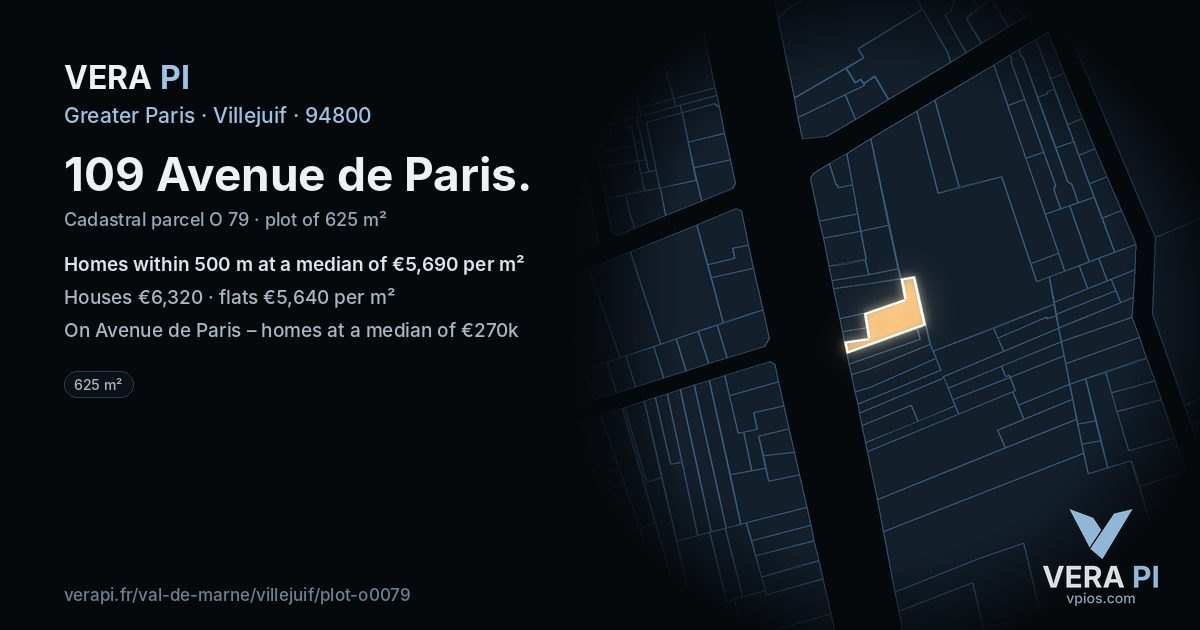 109 Avenue de Paris, Villejuif at night – the plot lit, the parcels around coloured by the prices near them