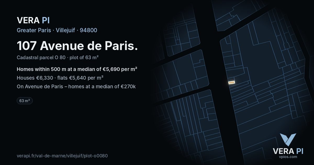 107 Avenue de Paris, Villejuif at night – the plot lit, the parcels around coloured by the prices near them