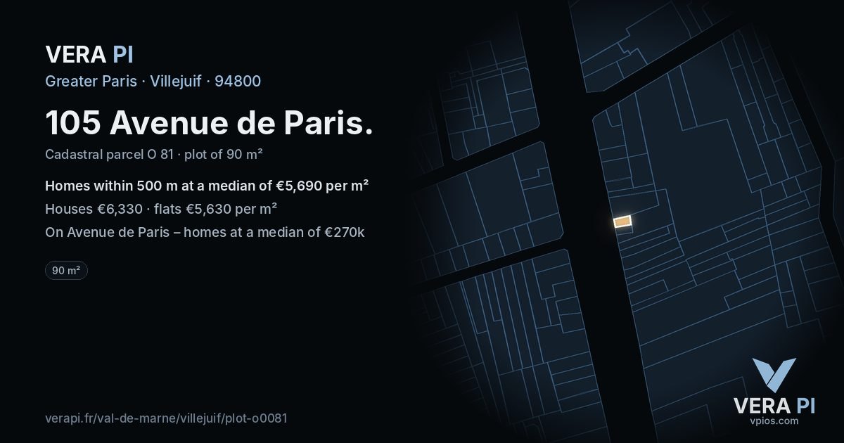 105 Avenue de Paris, Villejuif at night – the plot lit, the parcels around coloured by the prices near them