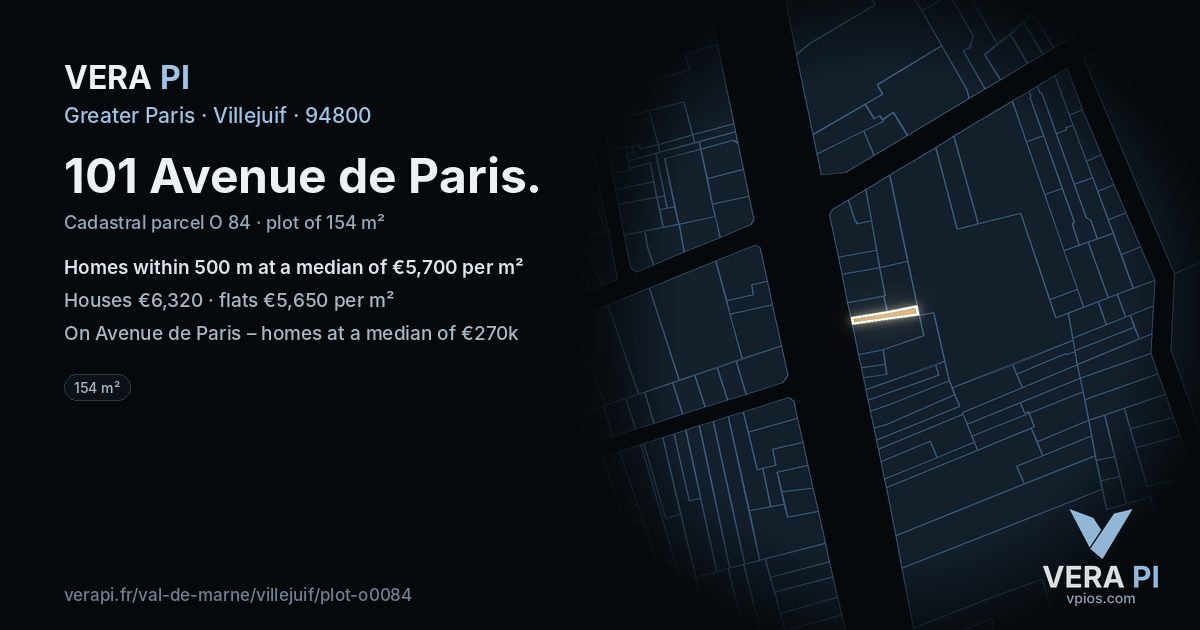 101 Avenue de Paris, Villejuif at night – the plot lit, the parcels around coloured by the prices near them