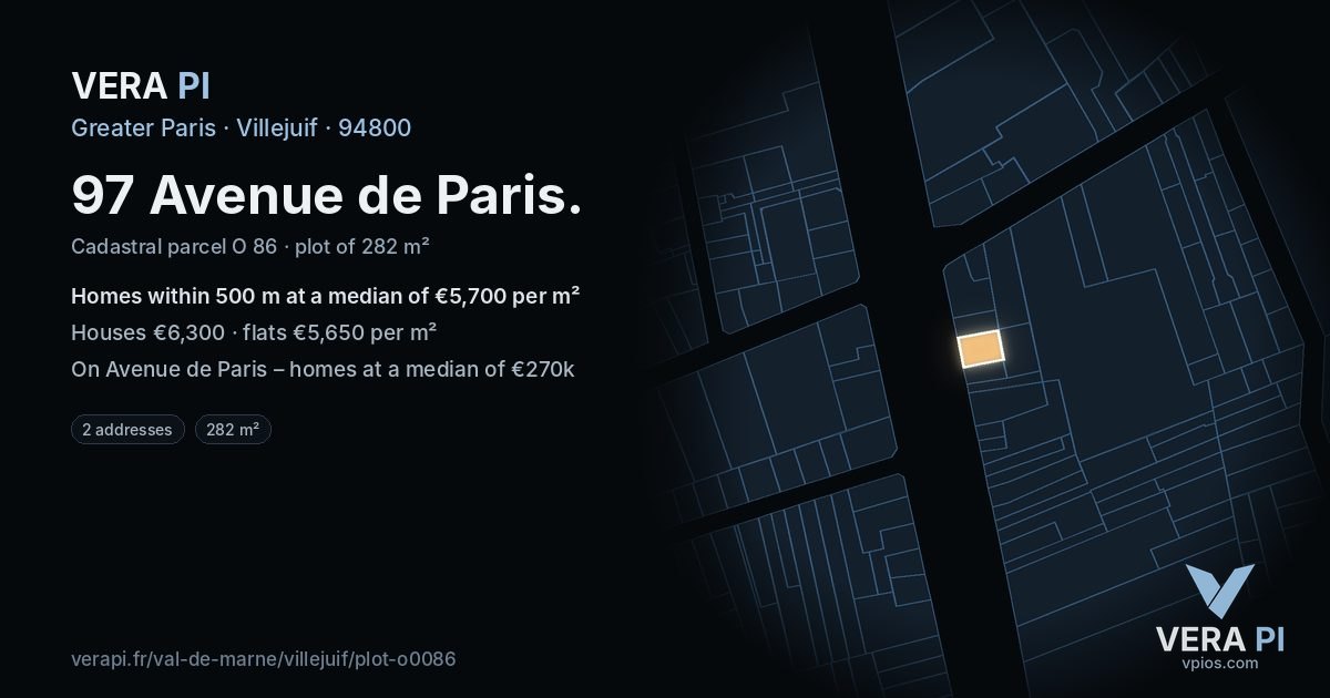 97 Avenue de Paris, Villejuif at night – the plot lit, the parcels around coloured by the prices near them