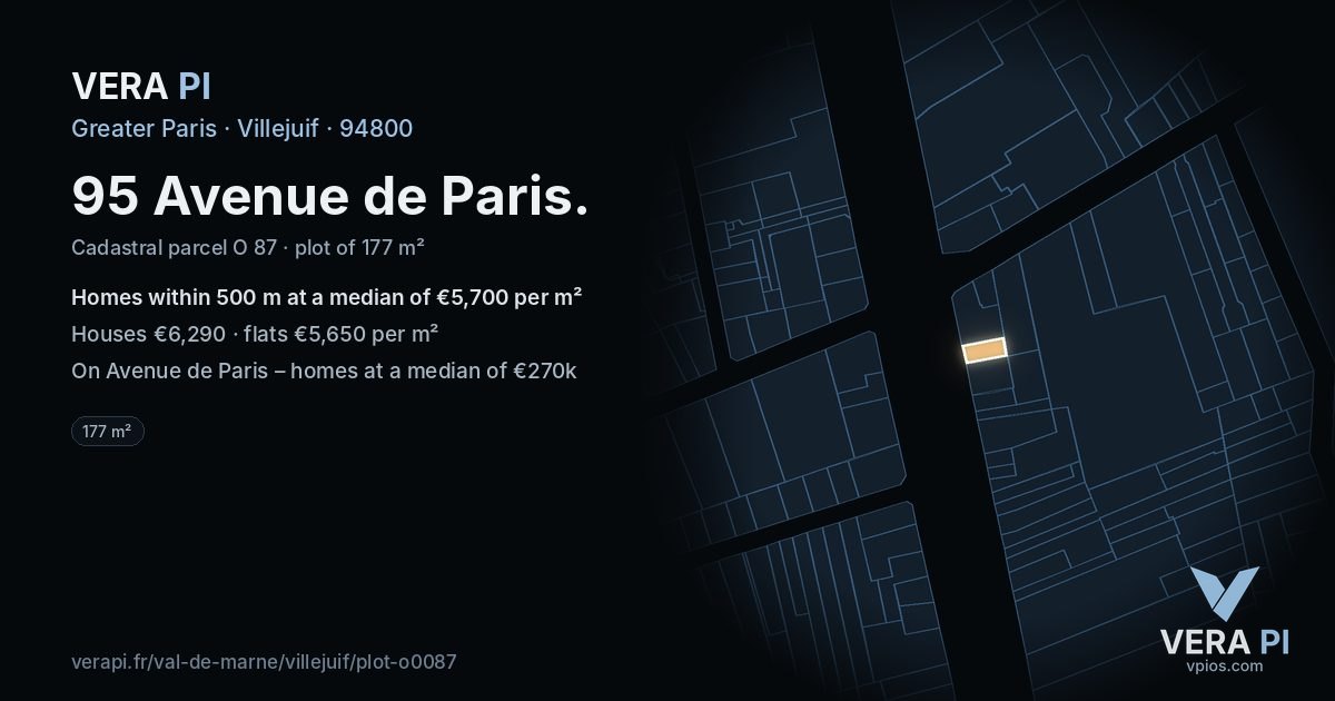 95 Avenue de Paris, Villejuif at night – the plot lit, the parcels around coloured by the prices near them