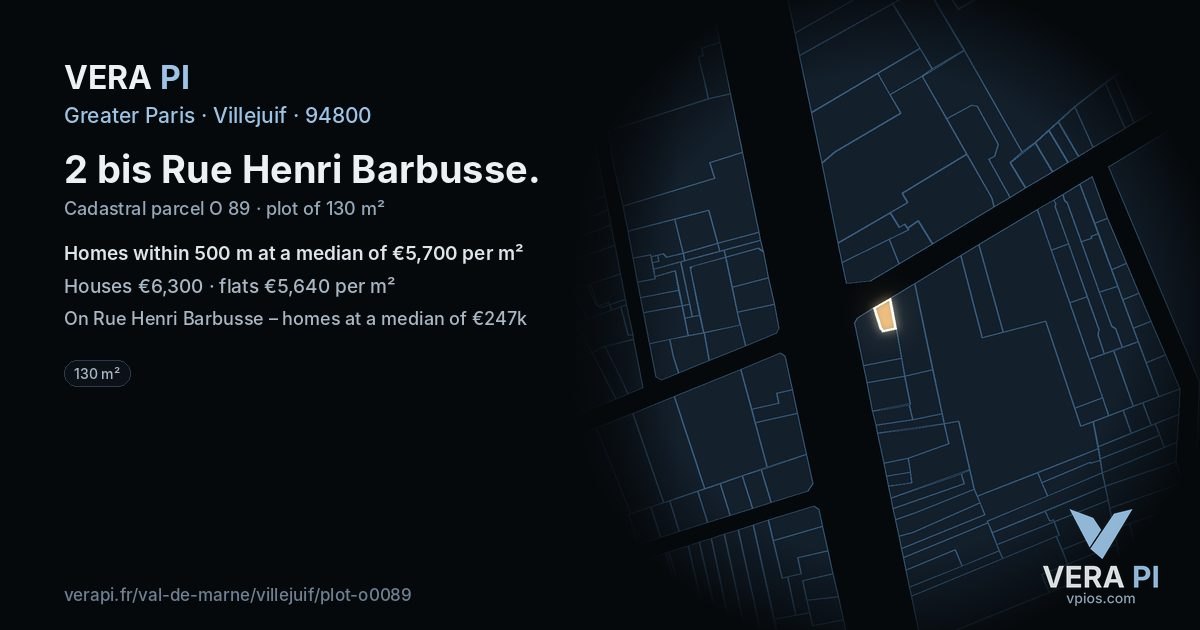 2 bis Rue Henri Barbusse, Villejuif at night – the plot lit, the parcels around coloured by the prices near them
