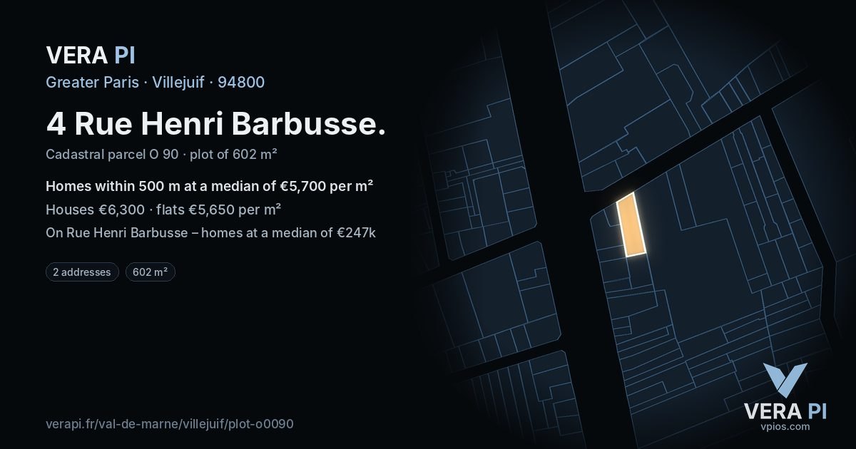 4 Rue Henri Barbusse, Villejuif at night – the plot lit, the parcels around coloured by the prices near them