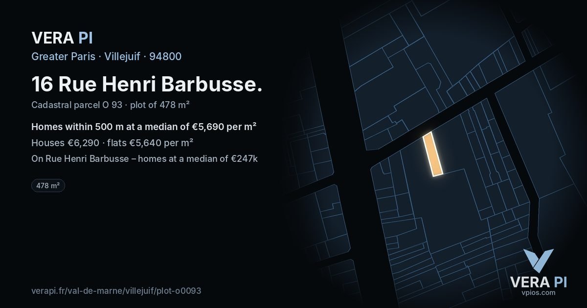 16 Rue Henri Barbusse, Villejuif at night – the plot lit, the parcels around coloured by the prices near them